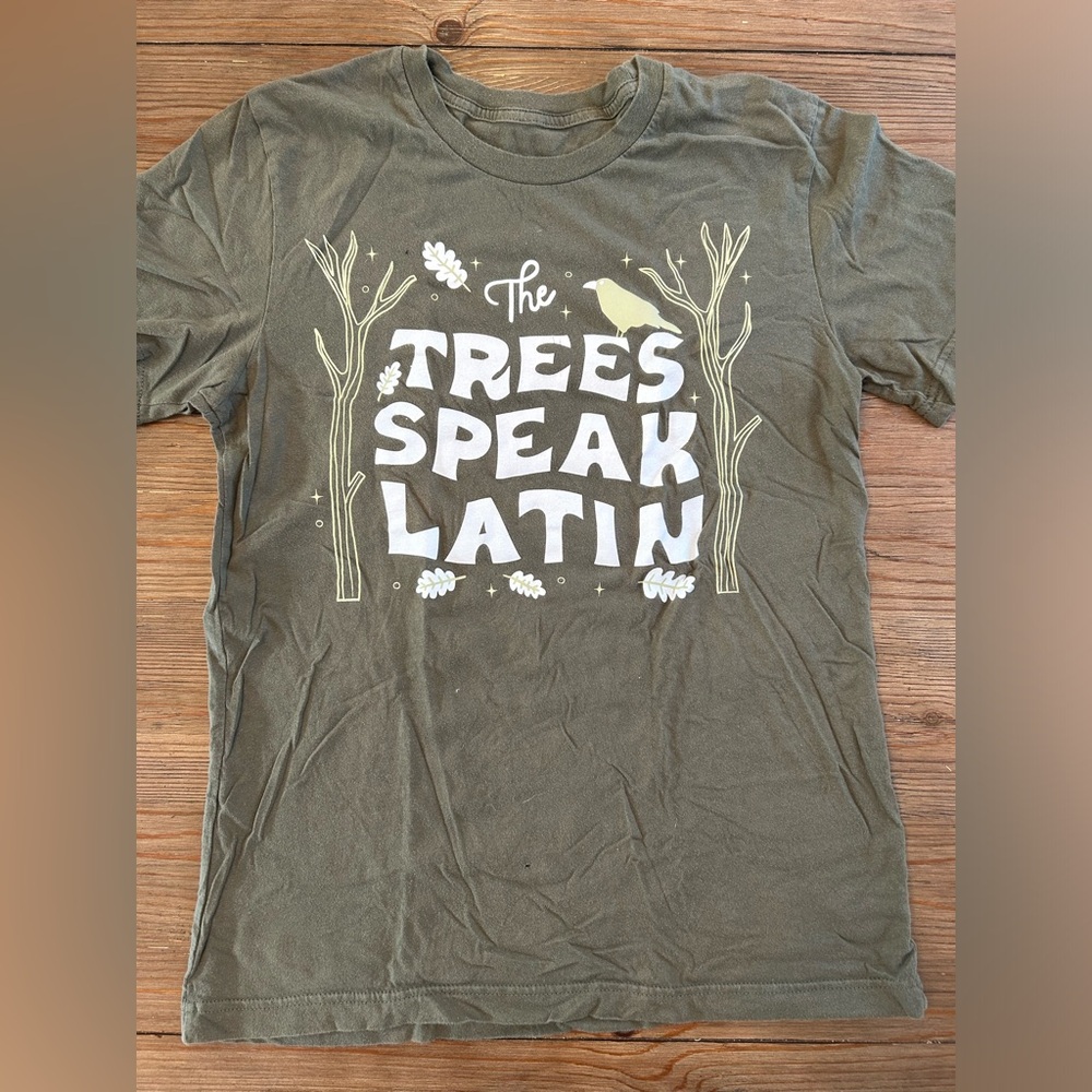 Bella Canvas Book Box Sage Green The Trees Speak Latin Short Sleeve Shirt Size M